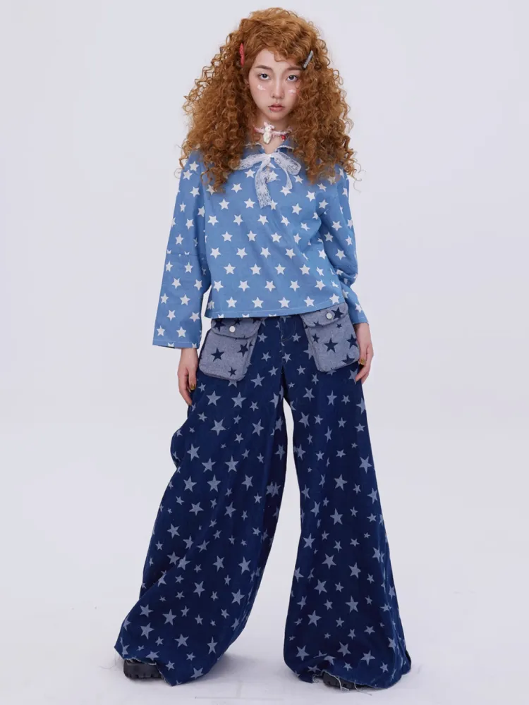 Retro Cute Y2K Star Pattern Wide Leg Loose Mop Jeans Pants【s0000003179】