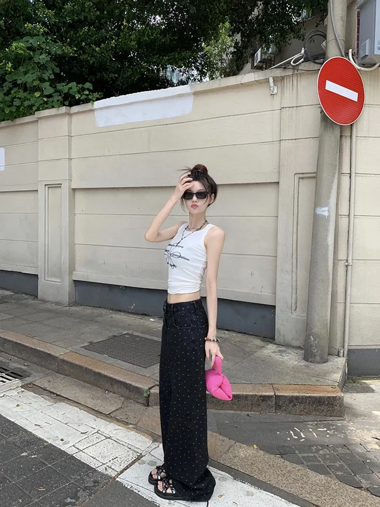 Retro High Waist Black Polka Dot Wide Leg Jeans