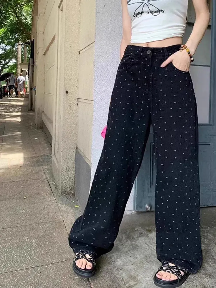 Retro High Waist Black Polka Dot Wide Leg Jeans