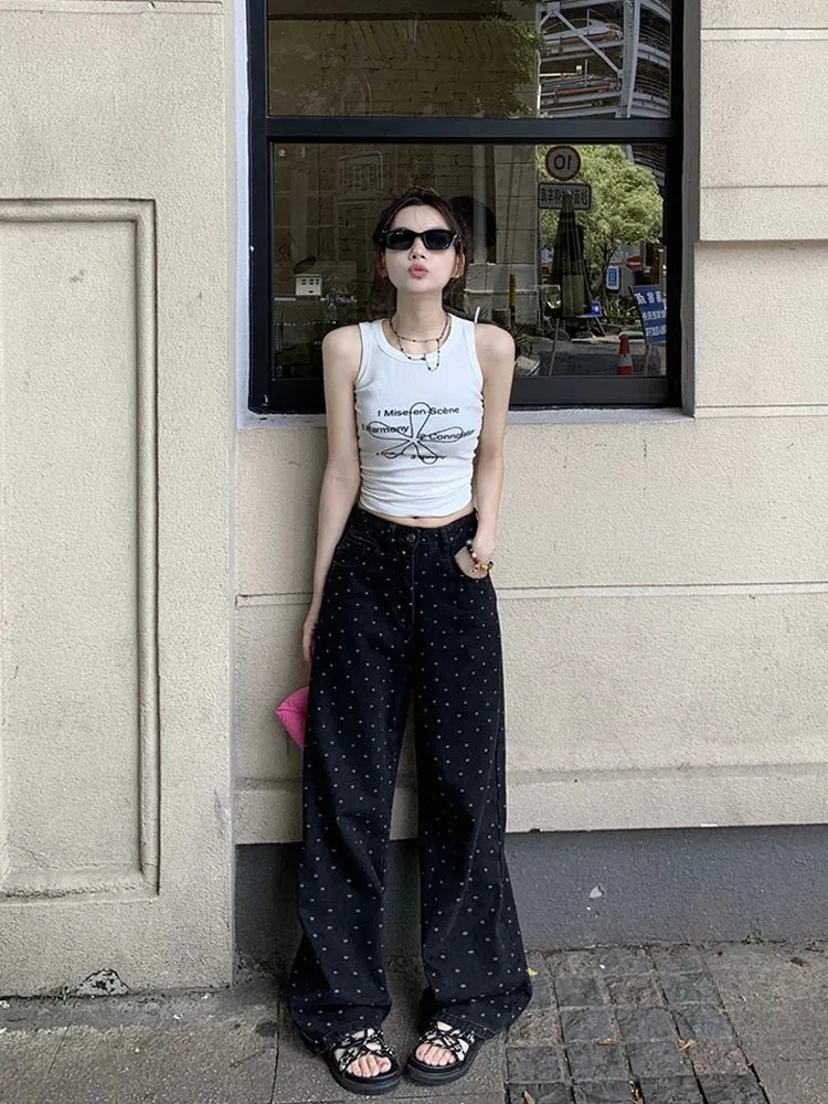 Retro High Waist Black Polka Dot Wide Leg Jeans