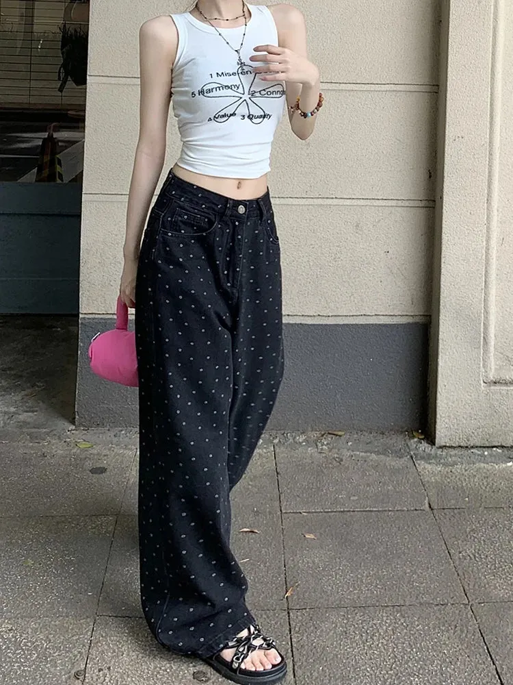 Retro High Waist Black Polka Dot Wide Leg Jeans