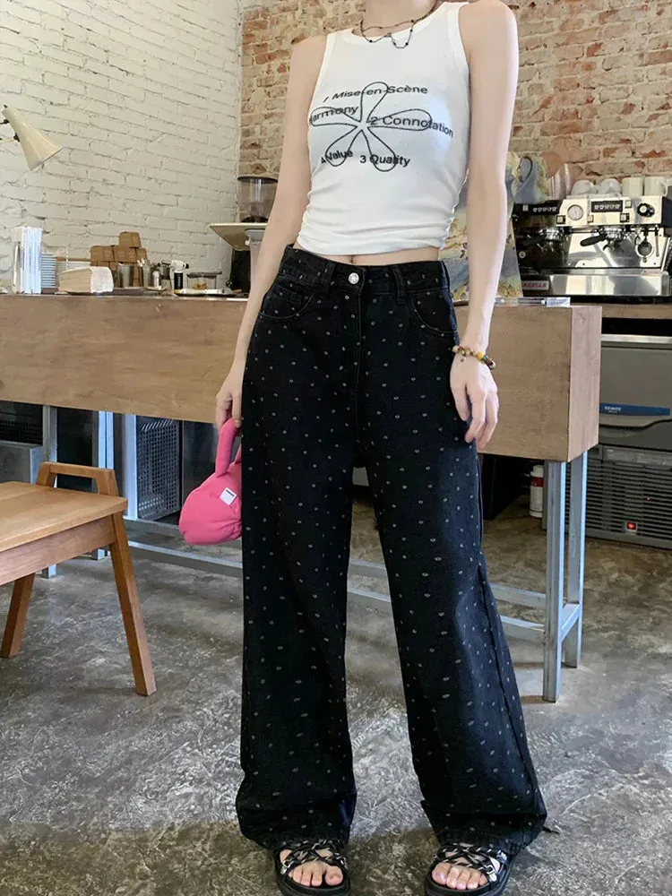 Retro High Waist Black Polka Dot Wide Leg Jeans