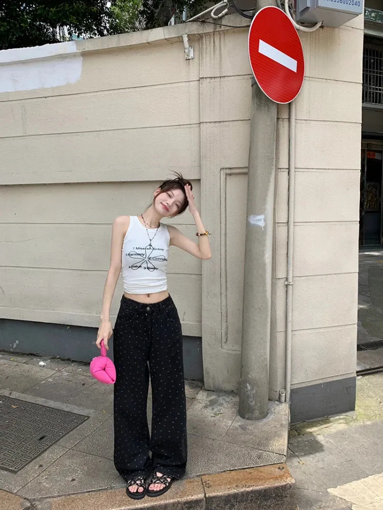 Retro High Waist Black Polka Dot Wide Leg Jeans