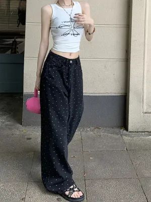 Retro High Waist Black Polka Dot Wide Leg Jeans