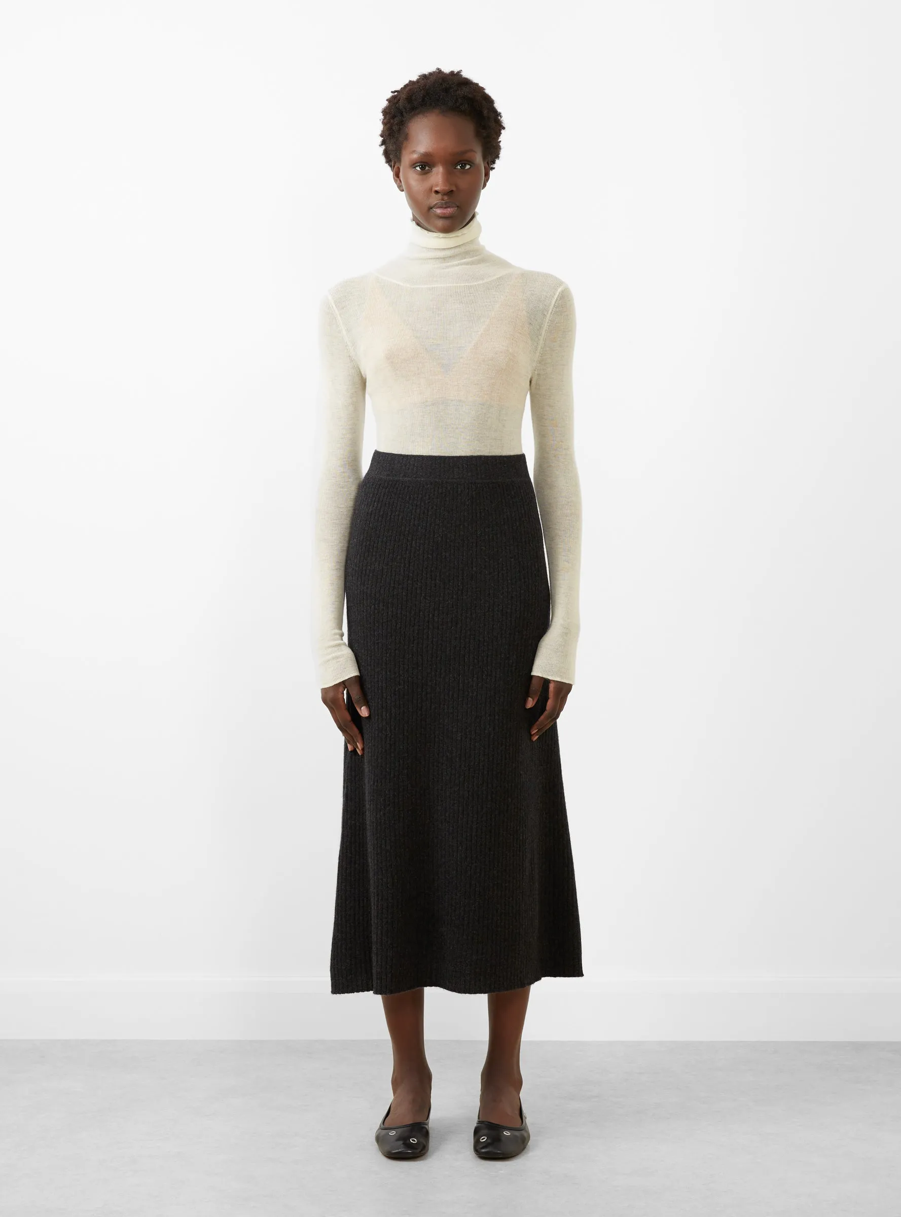 Rib Semi Circle Midi Skirt Black Melange