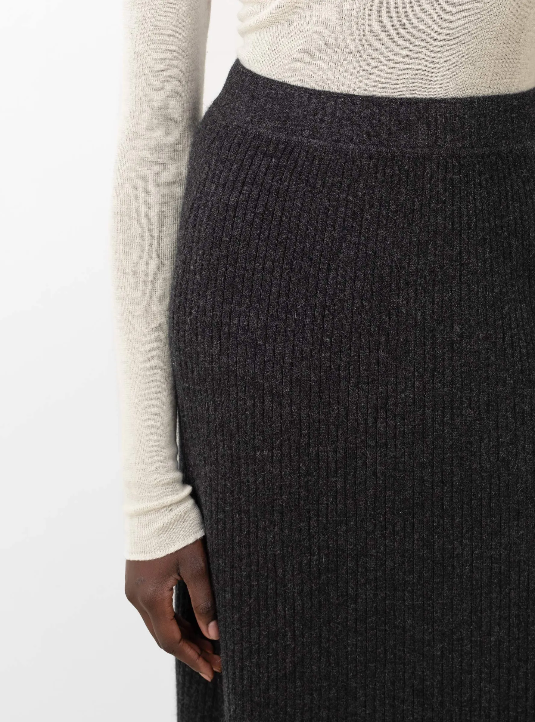Rib Semi Circle Midi Skirt Black Melange
