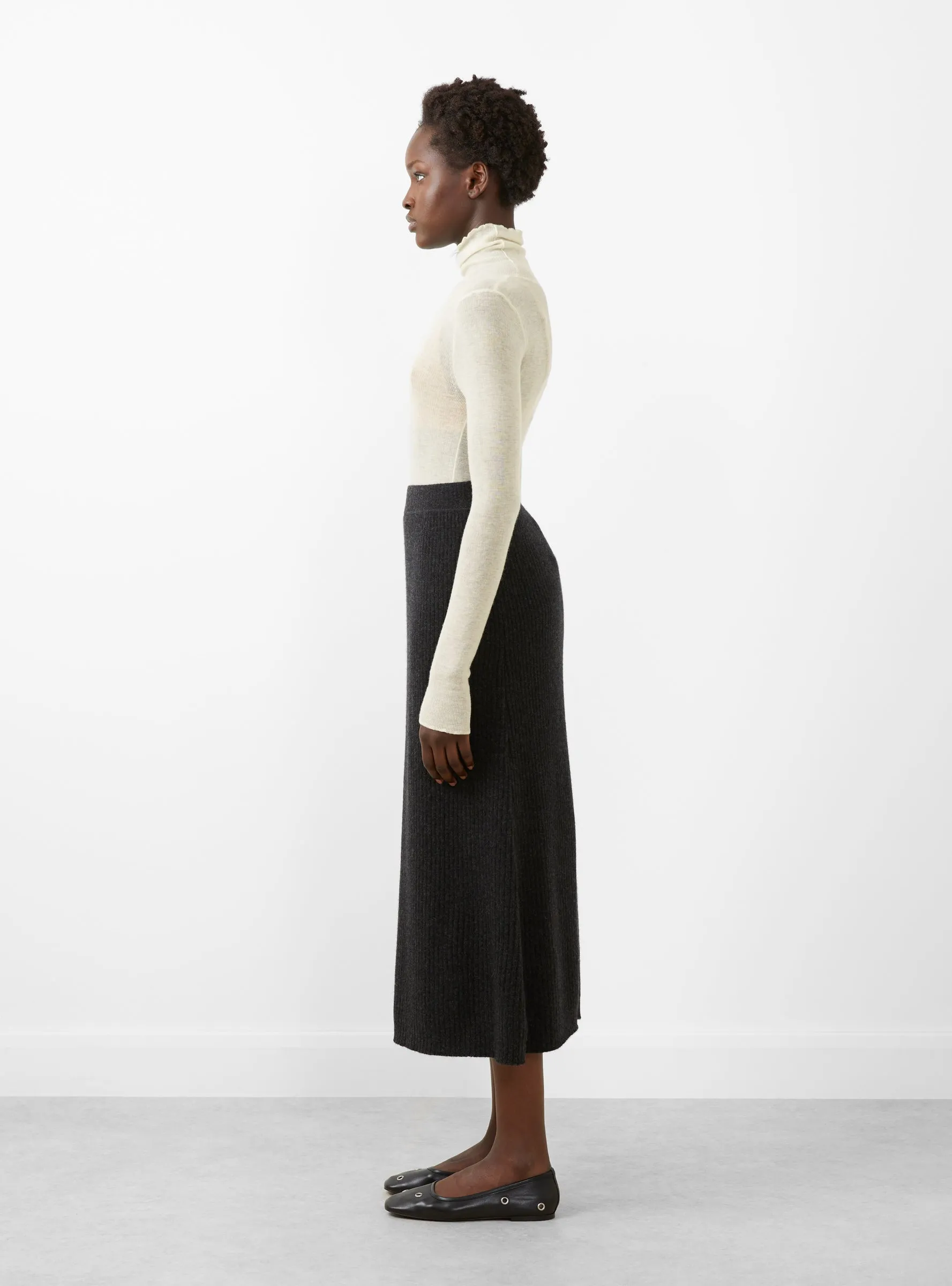Rib Semi Circle Midi Skirt Black Melange