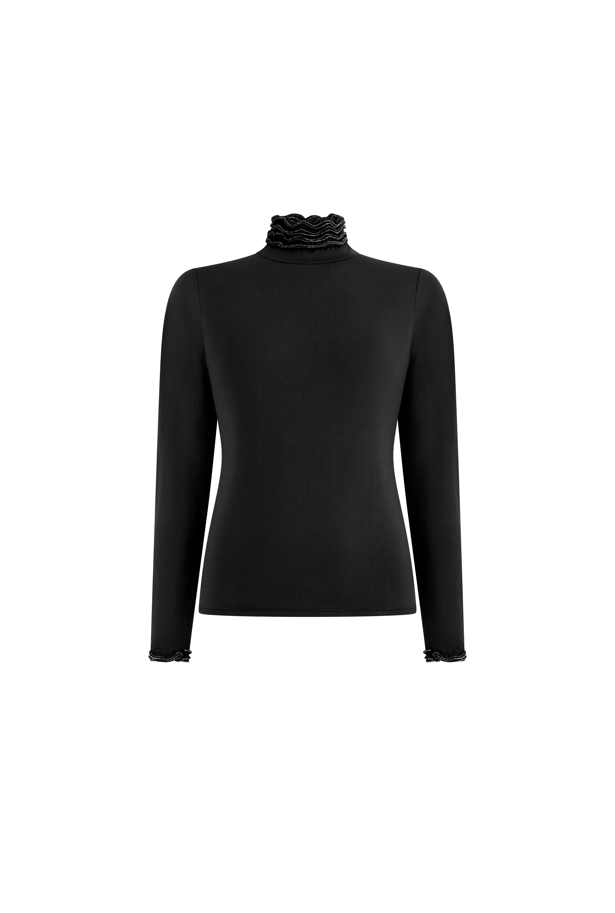 Ruffle Neck Black Top