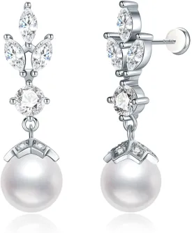 S925 Silver Drop Dangle Pearl Earrings for Brides, Gold/Silver Bridal Jewelry with 5A Cubic Zirconia for Wedding Hypoallergenic