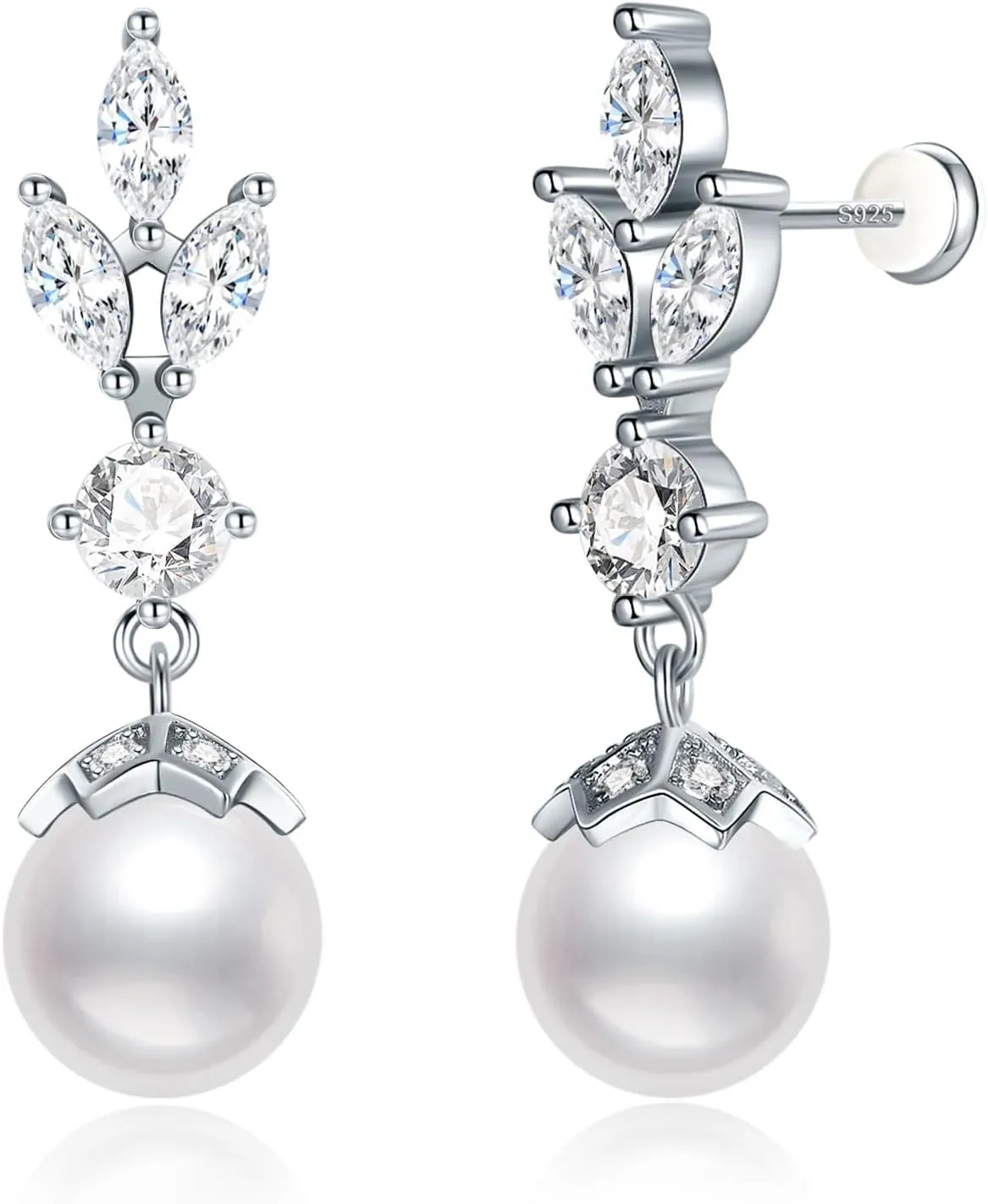 S925 Silver Drop Dangle Pearl Earrings for Brides, Gold/Silver Bridal Jewelry with 5A Cubic Zirconia for Wedding Hypoallergenic