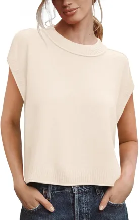 Saodimallsu Womens Cap Sleeve Sweater Vest Crew Neck Casual Loose Knit Summer Lightweight Pullover Tank Tops