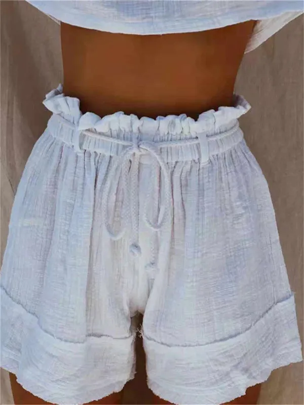 Solid Loose Pleated Elastic Waist High Waist Cotton Linen Shorts Hot Pants