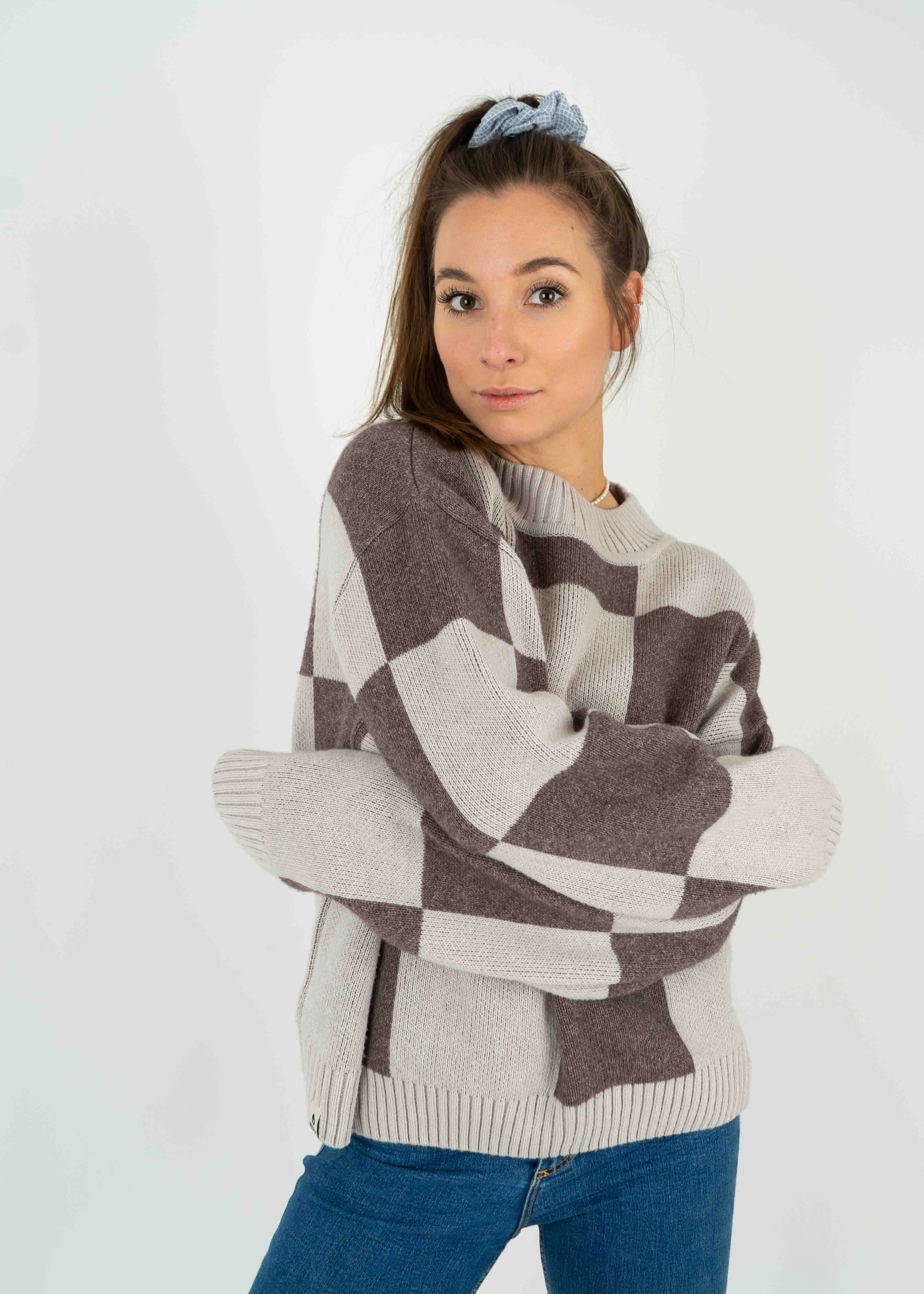 Strick-Sweater KARO OysterGrey/Schokolade