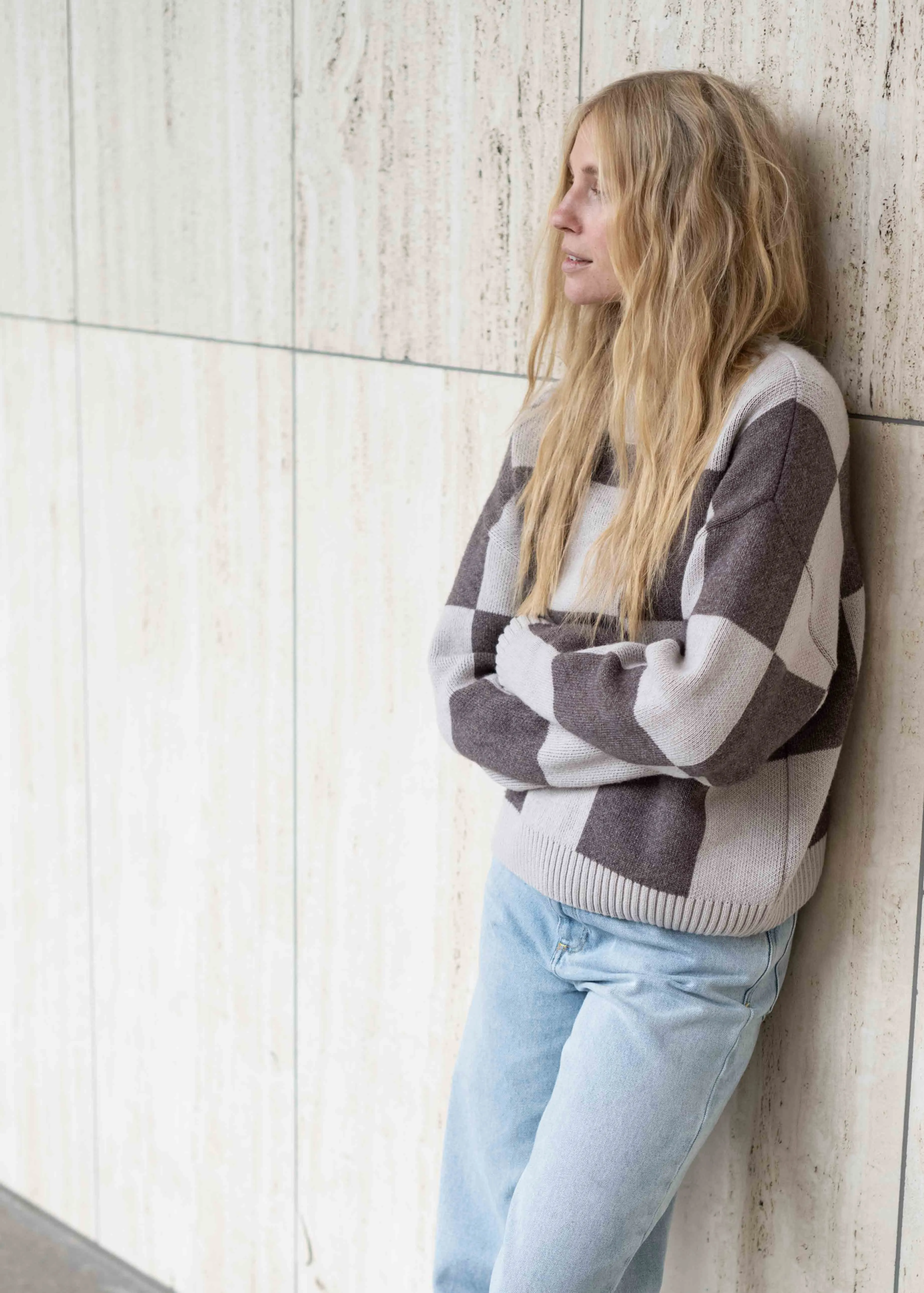 Strick-Sweater KARO OysterGrey/Schokolade