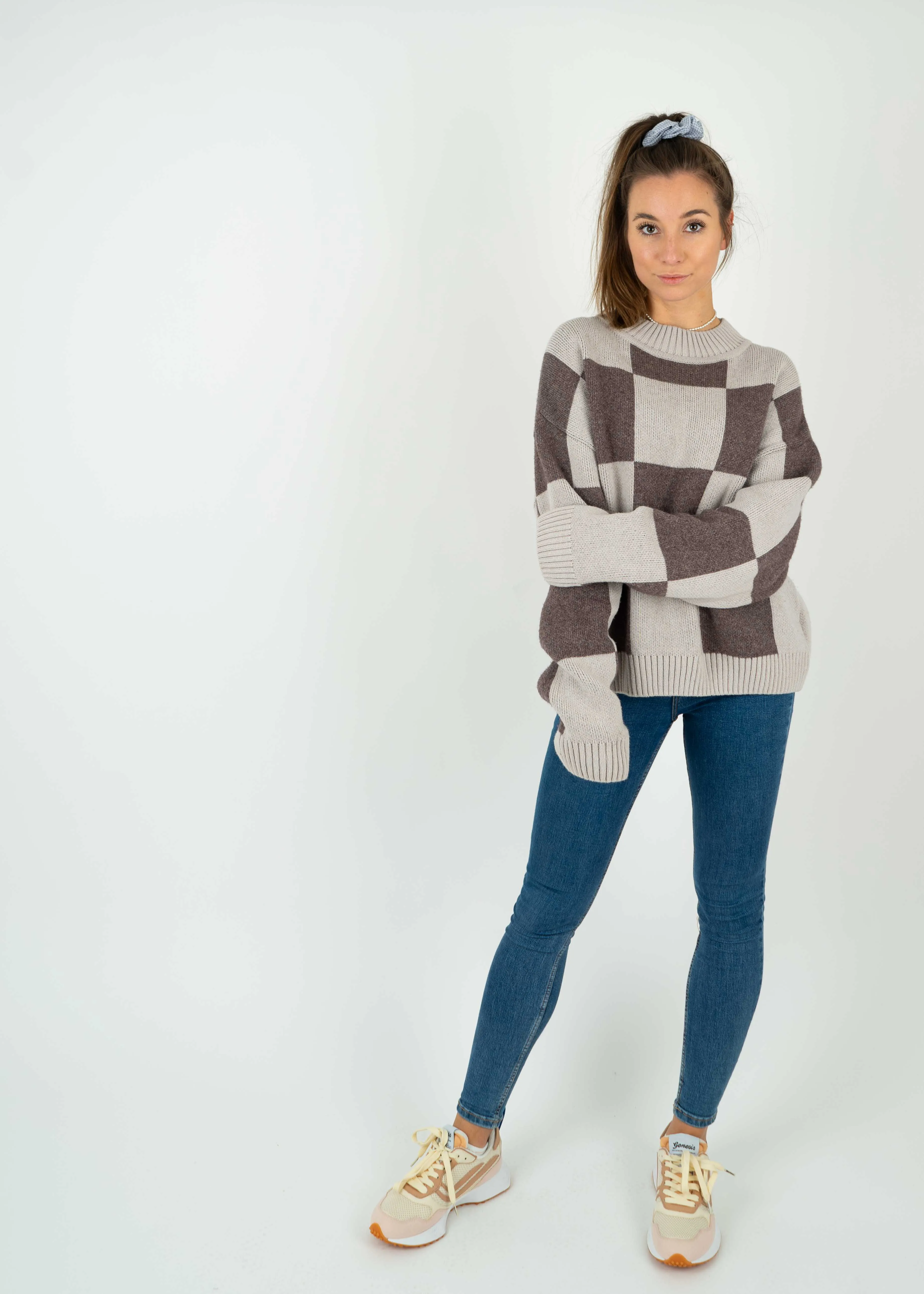 Strick-Sweater KARO OysterGrey/Schokolade