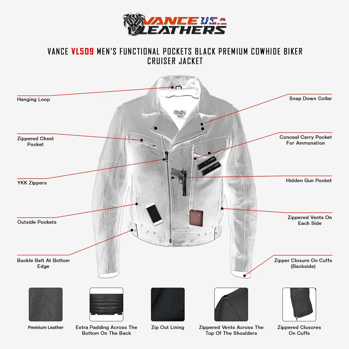 VL509 Men's Pistol Pete Jacket Premium Leather / Lower Padded Back