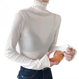 Women Sheer Mesh Tops Long Sleeves Shirt Ladies High Neck See Through Slim Fit Basic Tee Tops Party Clubwear