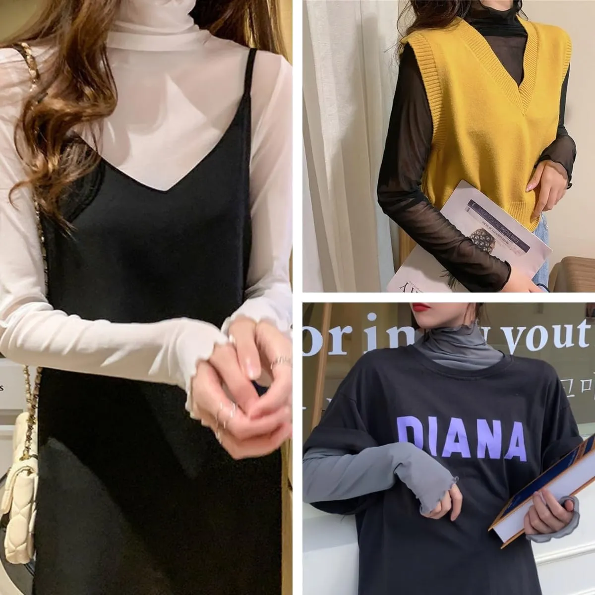 Women Sheer Mesh Tops Long Sleeves Shirt Ladies High Neck See Through Slim Fit Basic Tee Tops Party Clubwear