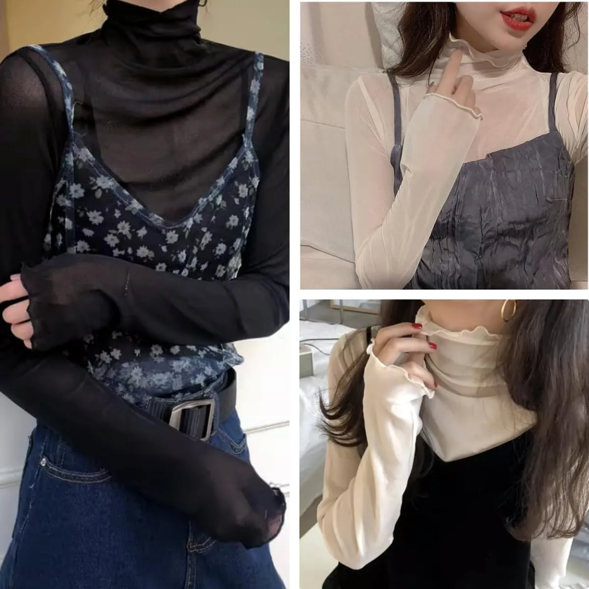Women Sheer Mesh Tops Long Sleeves Shirt Ladies High Neck See Through Slim Fit Basic Tee Tops Party Clubwear