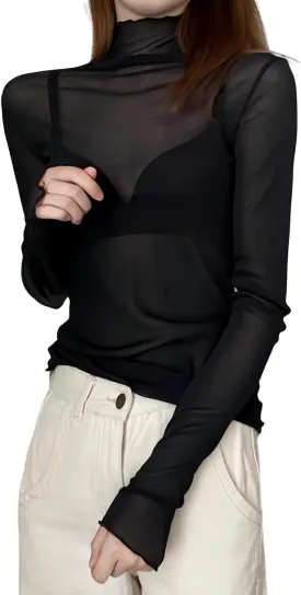Women Sheer Mesh Tops Long Sleeves Shirt Ladies High Neck See Through Slim Fit Basic Tee Tops Party Clubwear