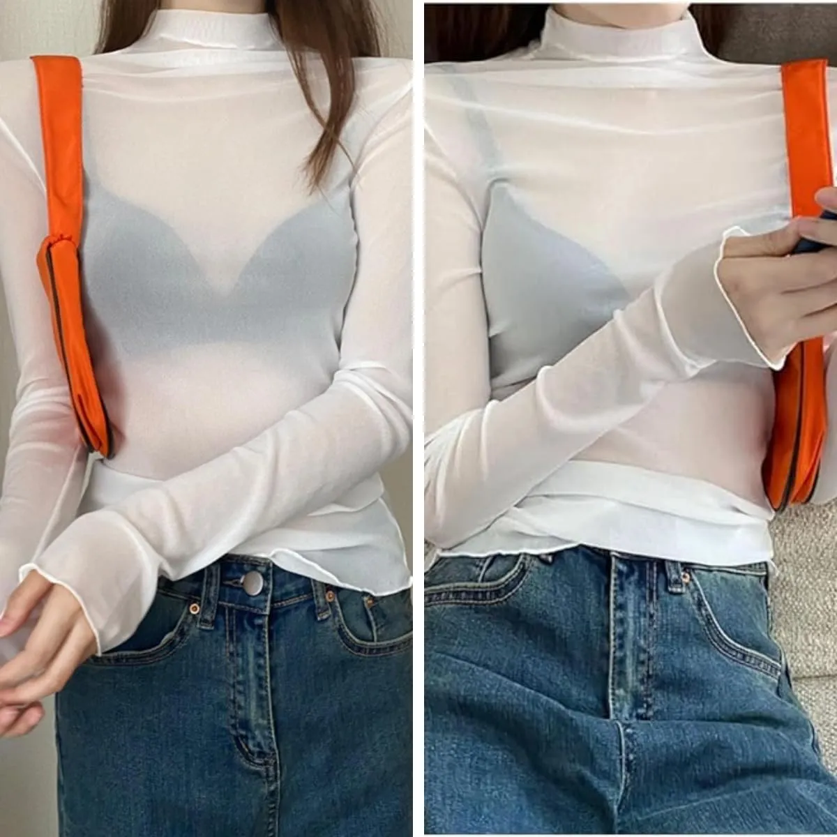 Women Sheer Mesh Tops Long Sleeves Shirt Ladies High Neck See Through Slim Fit Basic Tee Tops Party Clubwear