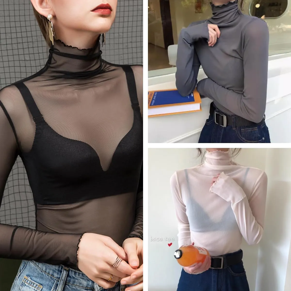 Women Sheer Mesh Tops Long Sleeves Shirt Ladies High Neck See Through Slim Fit Basic Tee Tops Party Clubwear