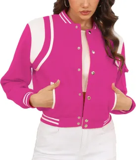 Womens Bomber Varsity Jacket Casual Long Sleeve Letterman Shacket Button Down Cropped Baseball Outerwear