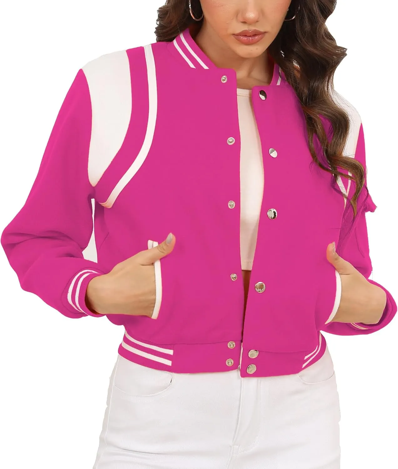 Womens Bomber Varsity Jacket Casual Long Sleeve Letterman Shacket Button Down Cropped Baseball Outerwear