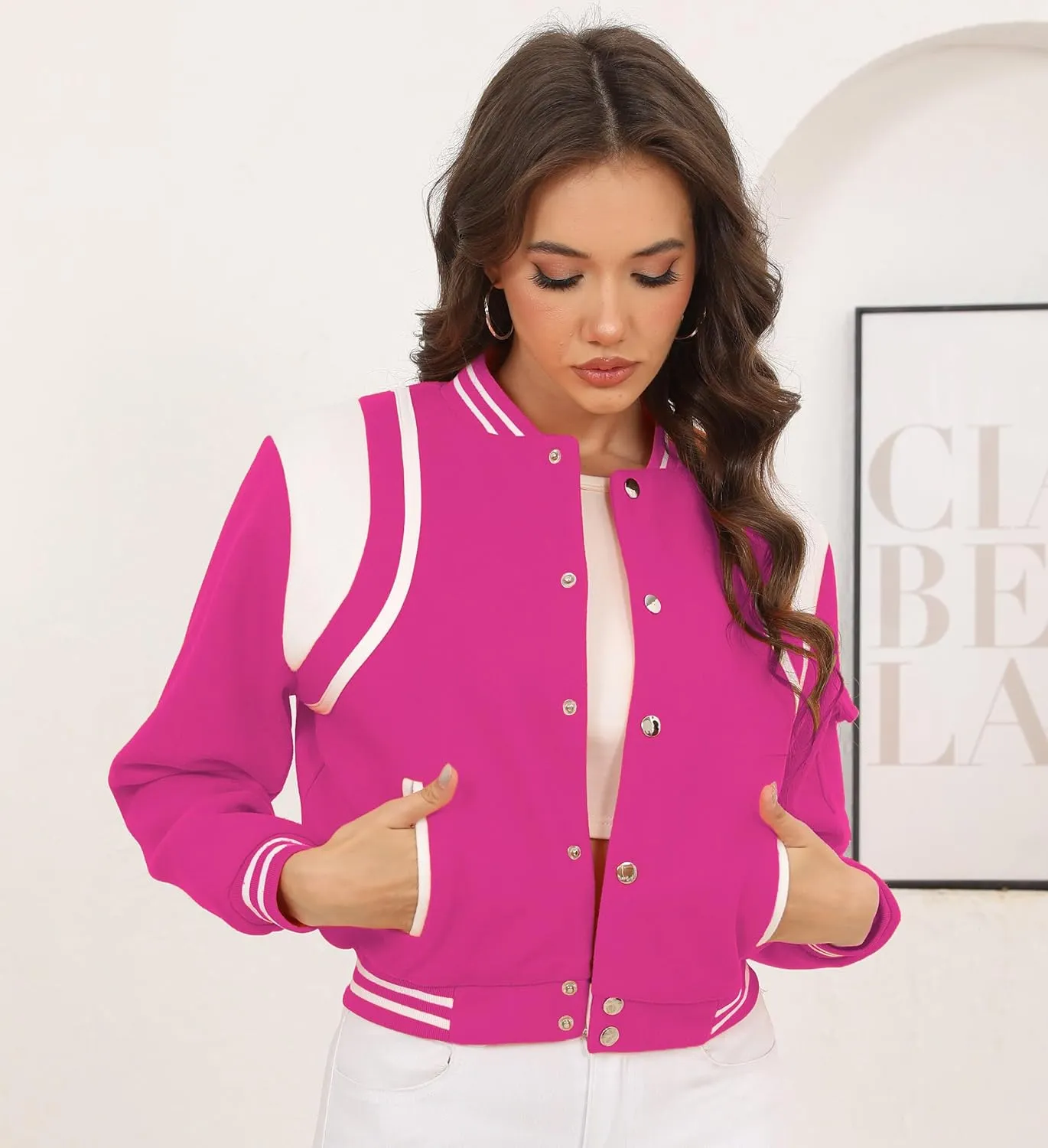 Womens Bomber Varsity Jacket Casual Long Sleeve Letterman Shacket Button Down Cropped Baseball Outerwear