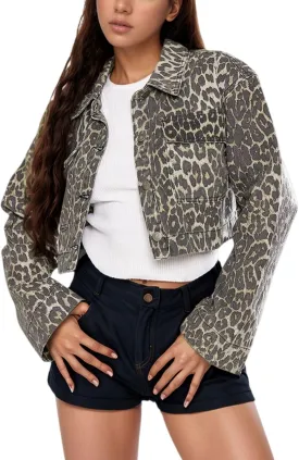 Women's Button Down Jacket Long Sleeve Cropped Top Denim Jeans Coat