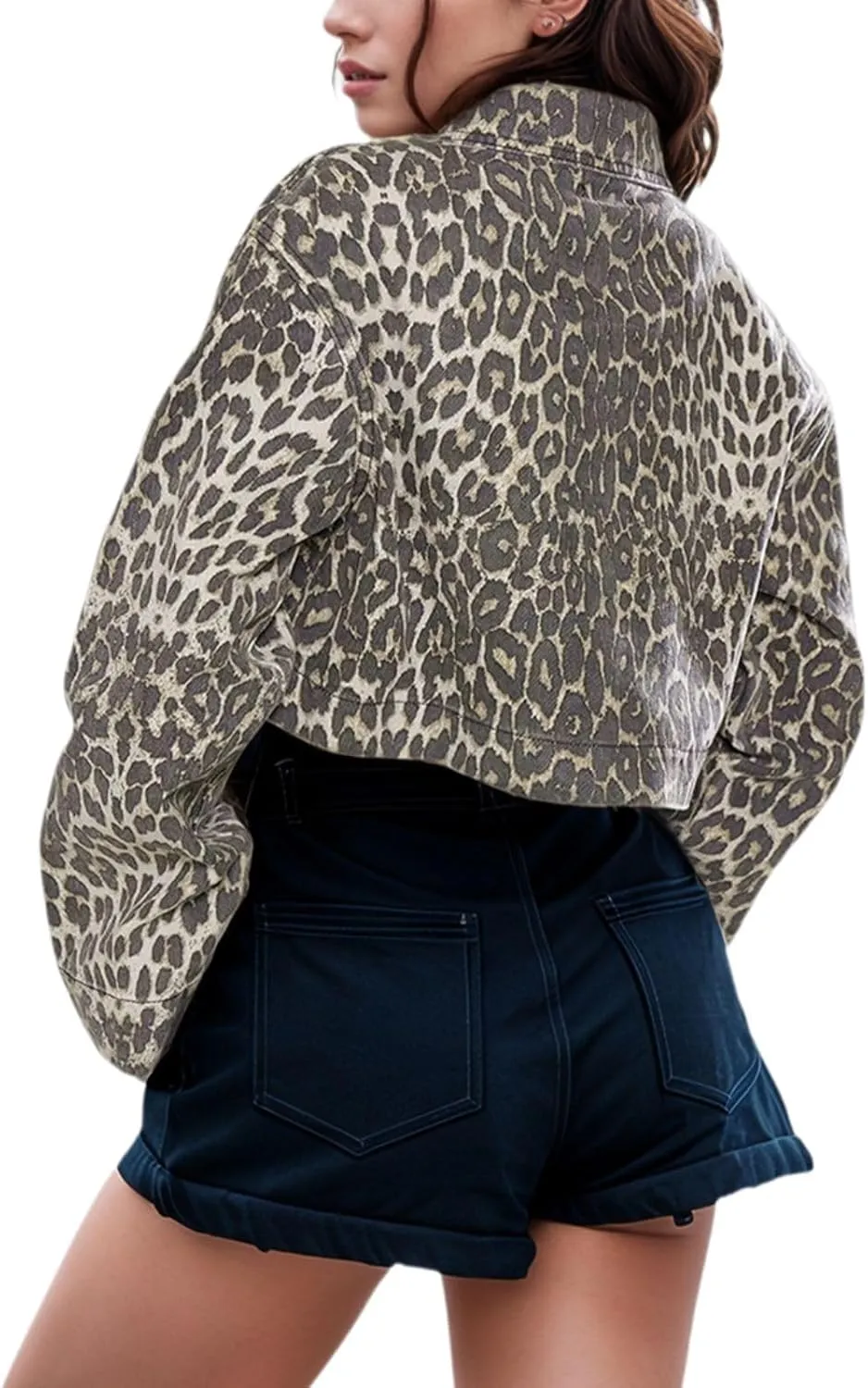 Women's Button Down Jacket Long Sleeve Cropped Top Denim Jeans Coat