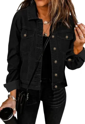 Womens Cropped Jean Jacket Basic Button Down Demim Jacket With Pockets
