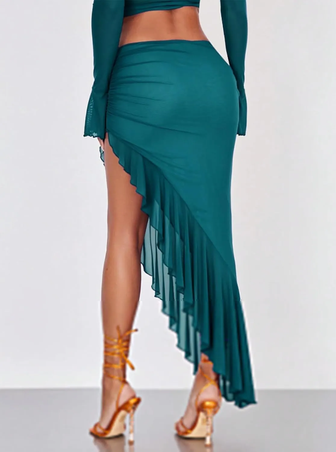 Women's High Waisted Asymmetrical Ruched Mesh Flowy Ruffle Trim Midi Long Skirt