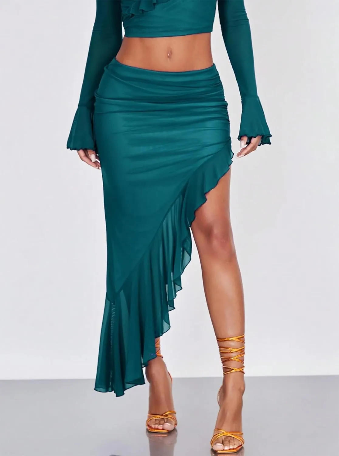 Women's High Waisted Asymmetrical Ruched Mesh Flowy Ruffle Trim Midi Long Skirt
