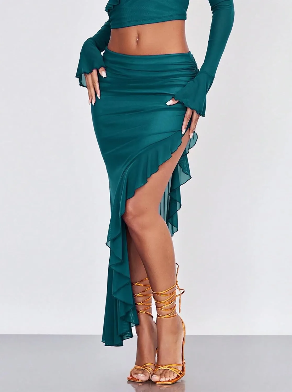 Women's High Waisted Asymmetrical Ruched Mesh Flowy Ruffle Trim Midi Long Skirt