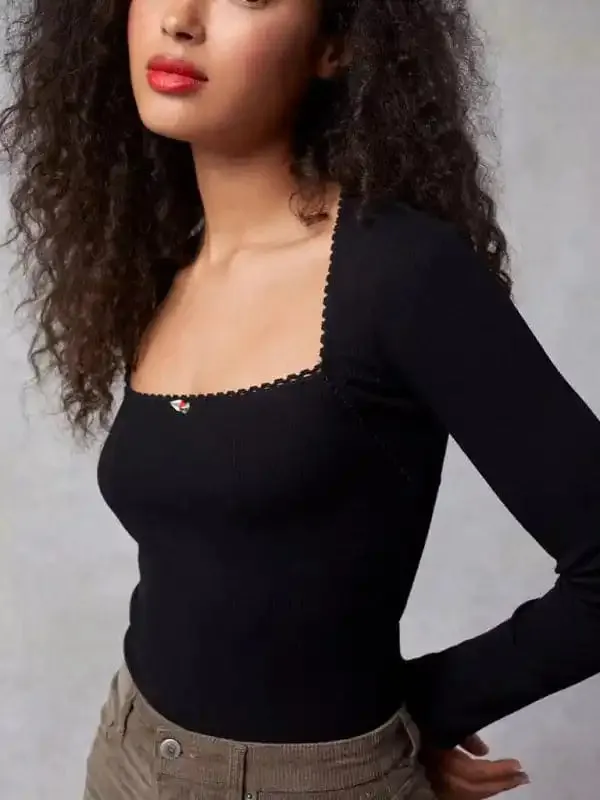 Women’s New Bottoming Shirt Stretch Thread Body Flower Square Neck Knitted Long Sleeve T-Shirt Top