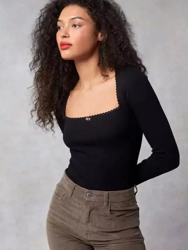Women’s New Bottoming Shirt Stretch Thread Body Flower Square Neck Knitted Long Sleeve T-Shirt Top