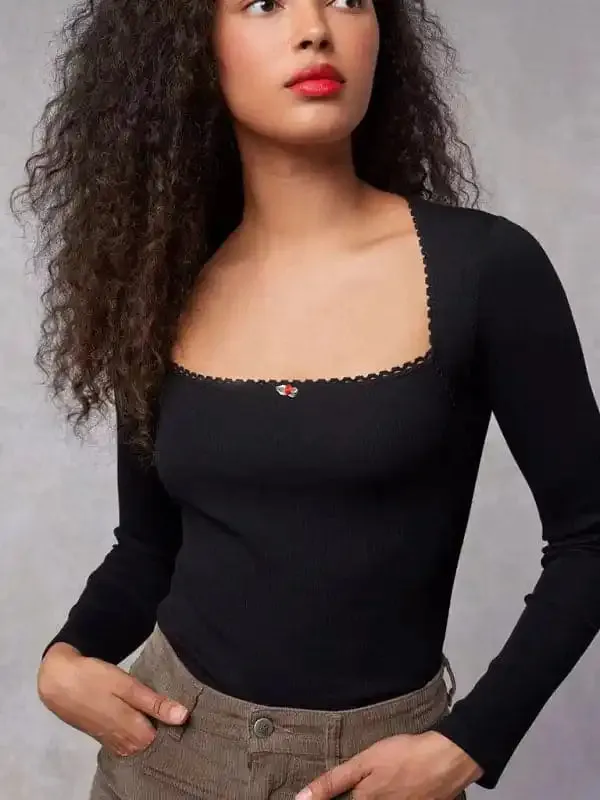 Women’s New Bottoming Shirt Stretch Thread Body Flower Square Neck Knitted Long Sleeve T-Shirt Top