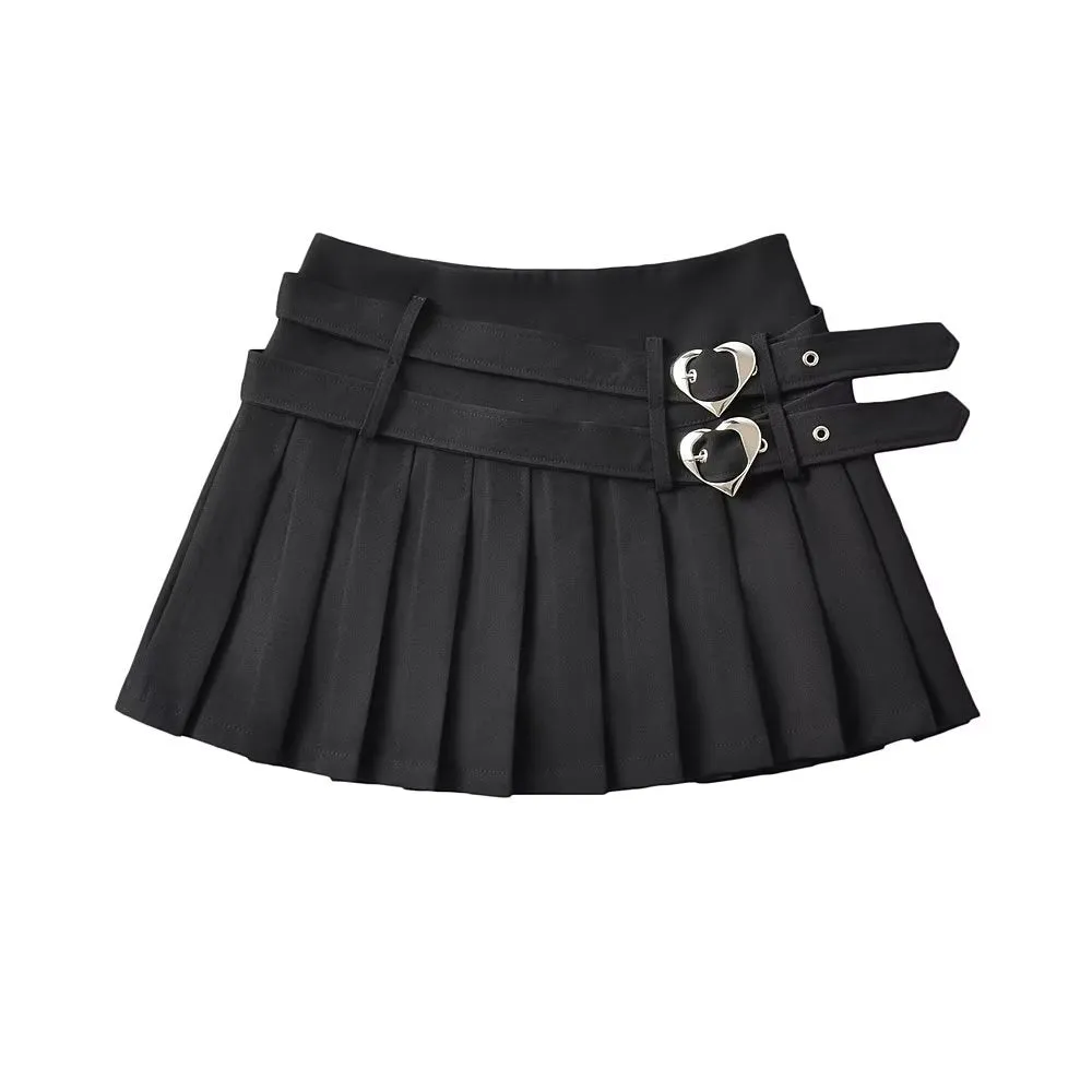 Young Eyes Pastel Pink White Black Double Belts High Waist Tennis Pleated Mini Skirt
