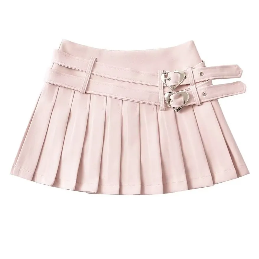 Young Eyes Pastel Pink White Black Double Belts High Waist Tennis Pleated Mini Skirt