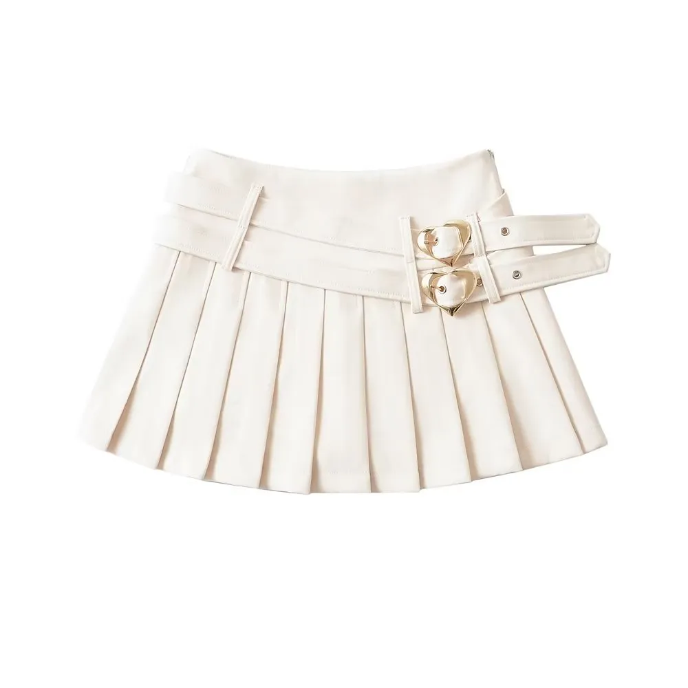 Young Eyes Pastel Pink White Black Double Belts High Waist Tennis Pleated Mini Skirt