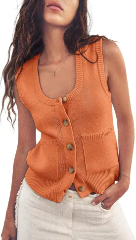 Yousify Womens Sweater Vest Summer Ribbed Tank Tops Sleeveless Button Down Shirts Scoop Neck Top for Women