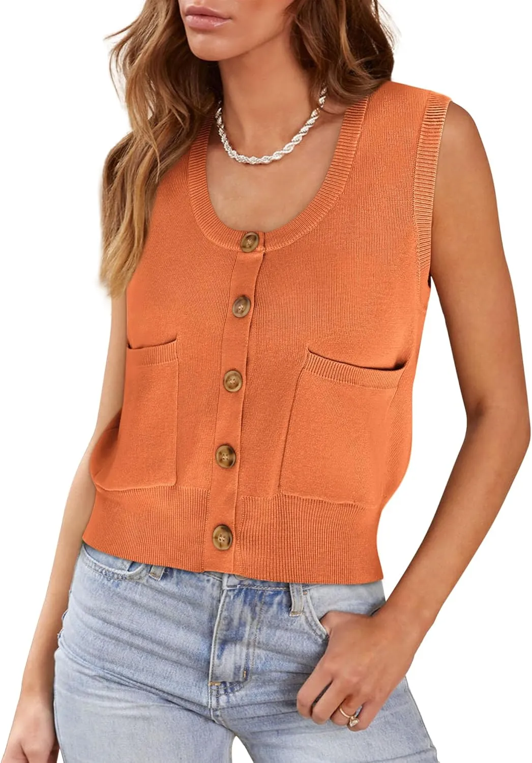 Yousify Womens Sweater Vest Summer Ribbed Tank Tops Sleeveless Button Down Shirts Scoop Neck Top for Women